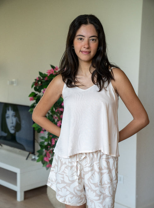 Women Summer Pajama Set Beige Top + Bold Floral Outline Shorts
